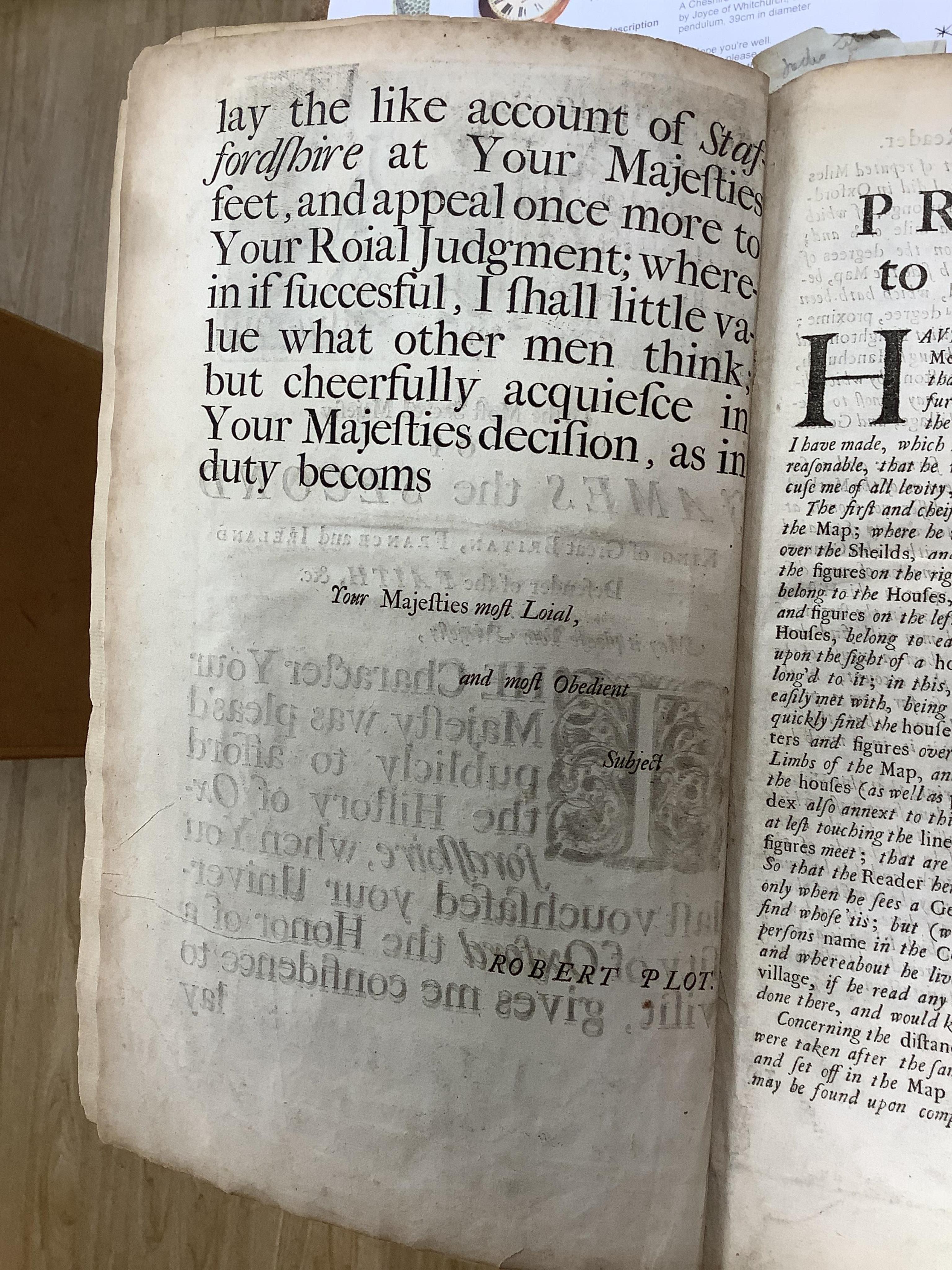 Plot, Robert, the natural history of Staffordshire. Engraved plates, old leather, folio. Oxford, 1686 and other books, mostly leather bound